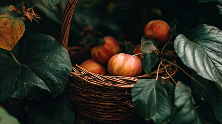 A rustic wicker basket filled with fresh red apples rests among lush green foliage, capturing the essence of a bountiful garden harvest in a tranquil setting.の素材
