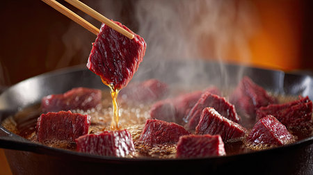 A vibrant close-up of juicy beef pieces being lifted with chopsticks from a sizzling cast iron pan, releasing steam and showcasing rich textures.の素材