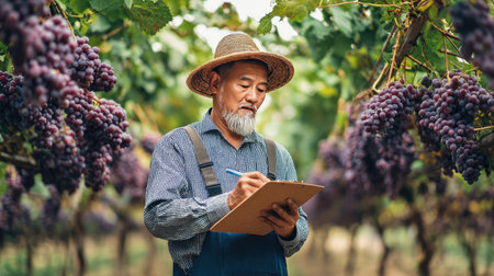 An elderly farmer diligently inspects grapes in a lush vineyard, taking notes on a clipboard, symbolizing dedication to agriculture and sustainable practices.の素材
