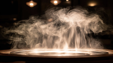 Soft smoke rises gently from a circular surface, illuminated by warm light, creating a mystical and inviting atmosphere perfect for culinary settings.の素材