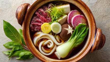 A beautifully arranged bowl of noodle soup featuring tender beef, assorted vegetables, and vibrant garnishes, exemplifying comfort and gourmet flavors.の素材