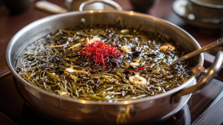 Discover a stunning culinary creation featuring a vibrant herbal soup in a traditional metal pot, adorned with colorful garnishes. Perfect for food lovers.の素材