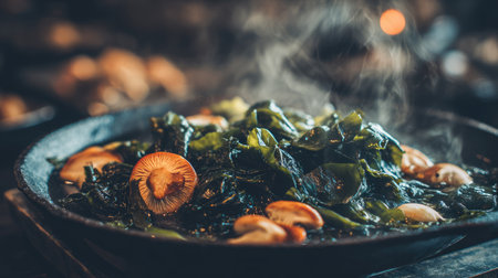 A close-up view of freshly cooked vegetables with mushrooms in a cast iron pan, surrounded by warm steam, conveying a sense of homely cooking and natural flavor.の素材