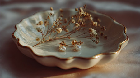 A beautifully styled composition featuring elegant pearl earrings and dried flowers placed on a ceramic plate, illuminated by soft natural light.の素材