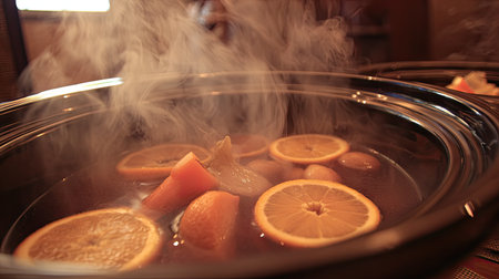 This image captures a warm beverage featuring fresh oranges and spices, creating an inviting steam effect in a clear bowl, ideal for cozy gatherings.の素材