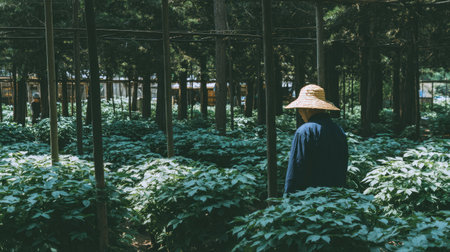 A serene image of a person in a wide-brimmed hat walking through a lush agricultural landscape, surrounded by verdant foliage and tall trees.の素材