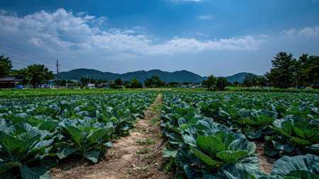 A vast cabbage field stretches under a bright blue sky, framed by mountains in the distance. The lush green leaves contrast sharply with the soil, showcasing rural agriculture.の素材