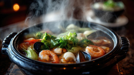 A vibrant seafood hotpot steaming with fresh shrimp, vegetables, and herbs in a traditional black pot showcases culinary artistry and delicious flavor.の素材
