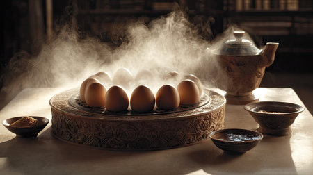 This captivating still life features a collection of steaming eggs arranged on a decorative plate, accompanied by an ancient teapot and rustic bowls. The warm and inviting atmosphere highlights the beauty of culinary preparations.の素材