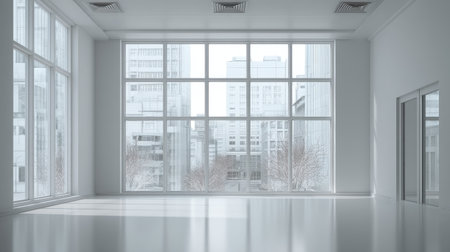 This image captures a bright and spacious modern empty room featuring large windows that overlook an urban landscape, creating a serene indoor environment.の素材