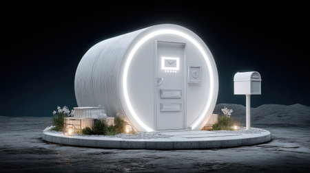 Discover a captivating scene featuring a futuristic space pod illuminated by soft LED lighting, complete with a traditional mailbox, set against a dark cosmic background.の素材
