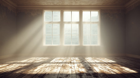 A serene interior scene showcasing sunlight filtering through a large window, illuminating a rustic wooden floor and creating atmospheric dust particles.の素材