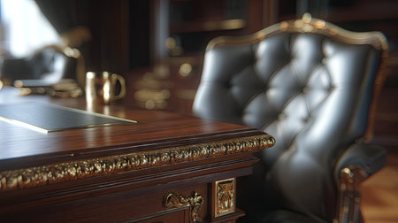 A stunning view of a luxurious office desk paired with an elegant leather chair, reflecting classic design elements and rich textures in an upscale environment.の素材