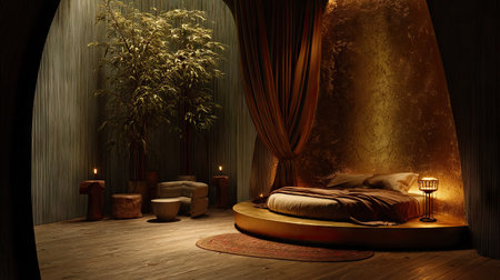 A tranquil modern bedroom featuring a circular bed surrounded by warm ambient lighting, bamboo plants, and stylish decor enhancing relaxation and comfort.の素材