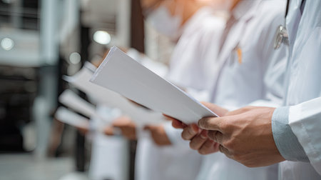 A group of medical professionals in white coats focuses on reviewing documents in a healthcare setting, highlighting their commitment to patient care and research.の素材