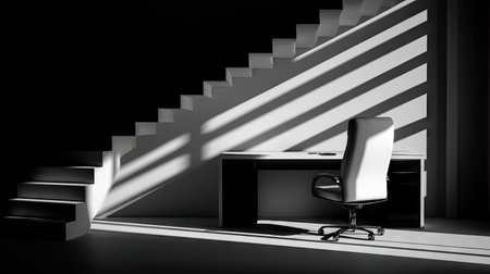 A striking monochrome office scene showcasing a sleek desk and chair with dramatic shadows cast by stairs, emphasizing minimalist aesthetics and tranquility.の素材