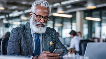 A mature businessman with a distinguished grey beard is deeply engaged in using his smartphone in a contemporary office setting, exemplifying professionalism.の素材