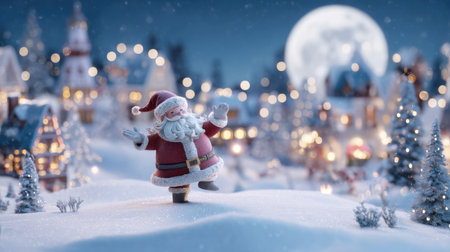 This enchanting image depicts a cheerful Santa Claus standing amidst a snowy village, illuminated by twinkling lights under a full moon, capturing the essence of a magical holiday season.の素材