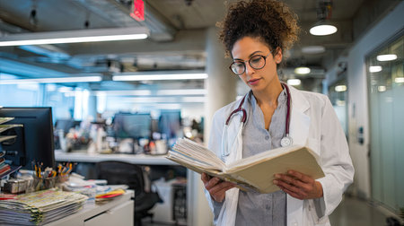 A female medical professional reviews health records in a modern office setting, showcasing her dedication to patient care and meticulous attention to detail.の素材