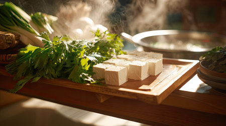 A vibrant display of fresh ingredients showcasing tofu, green onions, and aromatic herbs arranged elegantly on a wooden board with steam rising from a pot.の素材