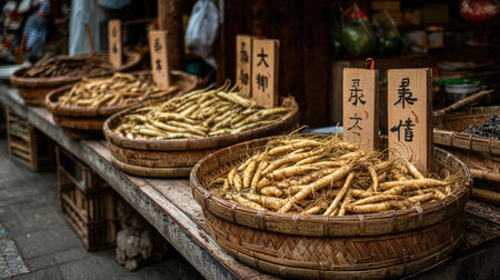 A vibrant market scene featuring freshly harvested ginseng roots artfully arranged in woven baskets, showcasing local agriculture and traditional practices.の素材