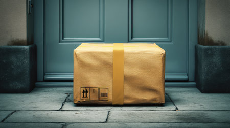 A cardboard package wrapped in yellow tape rests on a doorstep, showcasing a shipping label. The scene captures the anticipation of delivery at a home's entrance.の素材