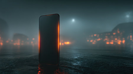 A sleek smartphone stands alone in a misty urban environment at night, glowing with warm light. The reflections in the wet surface add depth to the scene.の素材