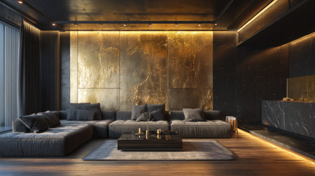 This modern living room features dark tones and golden accents, creating a luxurious and inviting space. Perfect for stylish home decor inspiration.の素材