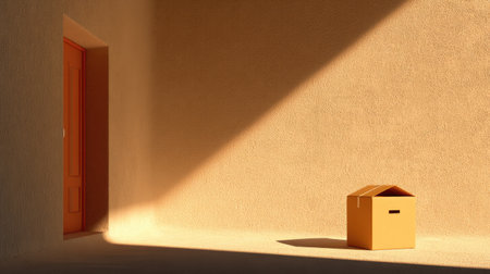 A serene interior space featuring a cardboard box illuminated by sunlight from an open door, creating captivating shadows on a textured wall.の素材