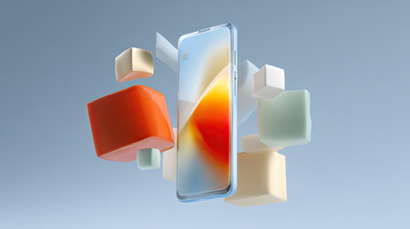 A sleek smartphone surrounded by colorful geometric shapes in a minimalist design. This image captures modern technology and creative innovation in a vibrant setting.の素材