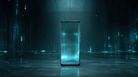 A sleek smartphone with a holographic display stands in a futuristic digital space, symbolizing the convergence of technology and innovation in today's world.の素材