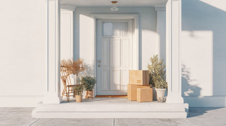 A serene and inviting porch scene featuring a wooden chair, potted plants, and stacked boxes near a white door, illuminated by soft sunlight.の素材
