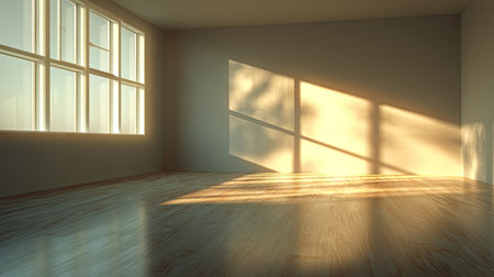 An empty room with large windows allows bright sunlight to flood in, casting soft shadows on the polished wooden floor, creating a serene atmosphere.の素材