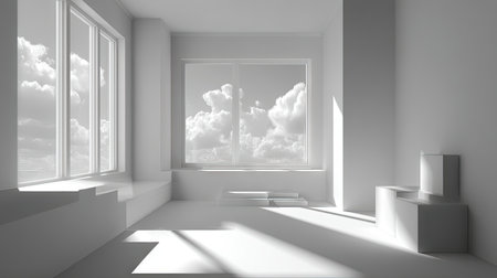 This minimalist interior features white walls and large windows that frame a cloudy sky. The design emphasizes simplicity and light, creating a tranquil atmosphere.の素材