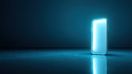 A modern smartphone displays a sleek design with blue glowing accents, set against a reflective surface. The futuristic look emphasizes innovation and minimalism, perfect for tech-related themes.の素材