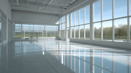 Bright and spacious modern interior featuring large windows that flood the space with natural light, perfect for meetings or events.の素材