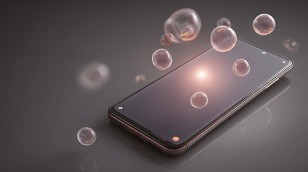 A sleek modern smartphone placed on a reflective surface, surrounded by floating bubbles, illuminated with soft light creating a serene atmosphere.の素材