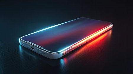 This image features a sleek smartphone with a captivating neon glow against a dark surface. The modern design and light effects evoke a sense of innovation and technology.の素材