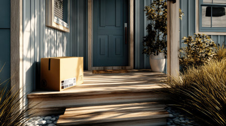 A charming scene featuring a delivery box resting on the front steps of a home, accentuated by warm sunlight and surrounding greenery, creating a welcoming atmosphere.の素材