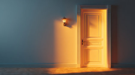 A serene interior scene featuring a glowing doorway, casting warm light and shadows on the walls. This image evokes feelings of opportunity and mystery.の素材