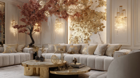 A stunning living room featuring a blend of luxury and comfort. Elegant golden accents and soft textures create a cozy and inviting space for relaxation and entertainment.の素材
