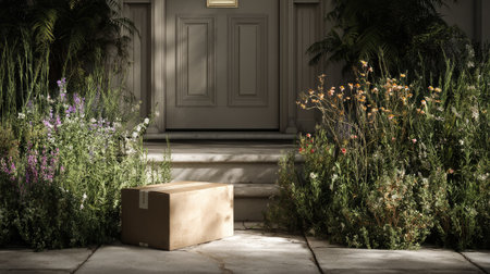 A cardboard box sits at the entrance of a home, flanked by vibrant flowers and lush greenery, creating a serene and welcoming outdoor scene.の素材