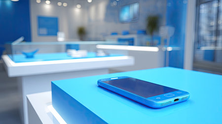 A modern retail store interior showcases a blue smartphone on a sleek display. The stylish blue background and minimalistic design enhance the product's appeal.の素材