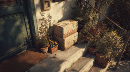 A charming entrance featuring delivery boxes nestled among vibrant plants and flowers basking in warm sunlight, creating a serene atmosphere.の素材
