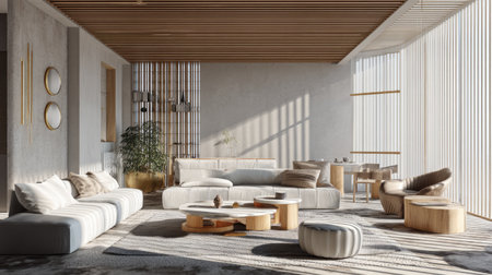 This image showcases a beautifully designed minimalist living room filled with natural light. The elegant furniture and soft color palette create a cozy and inviting atmosphere perfect for relaxation.の素材