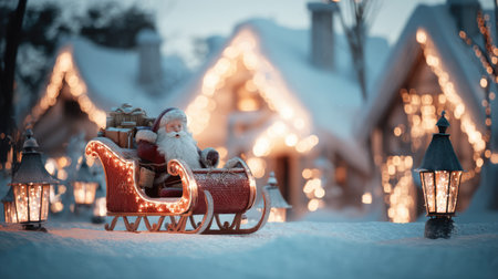 A cheerful Santa Claus in a beautifully adorned sleigh, surrounded by softly glowing lights and snow-covered cabins, evokes the magic of the holiday season.の素材