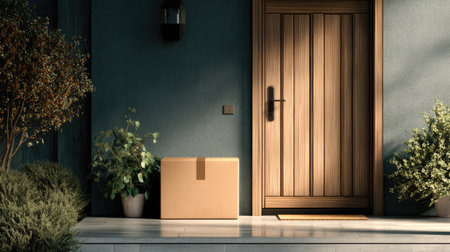 A serene front porch scene featuring a cardboard package placed beside a wooden door, surrounded by potted plants and soft sunlight, conveying a welcoming atmosphere.の素材