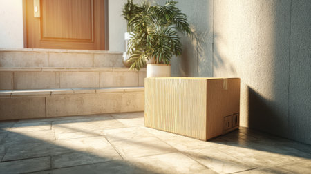 A serene scene featuring a delivery package resting on porch steps, surrounded by soft sunlight and a decorative plant, evoking a welcoming atmosphere.の素材