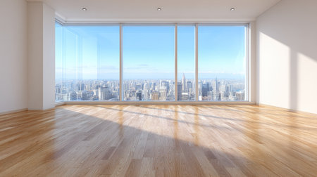 A bright, modern empty apartment interior featuring floor-to-ceiling windows that showcase a stunning city skyline view, perfect for urban living and relaxation.の素材