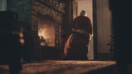 A heartwarming scene of Santa Claus arriving on Christmas night, filled with warmth from a glowing fireplace, as he prepares to deliver gifts and spread joy.の素材